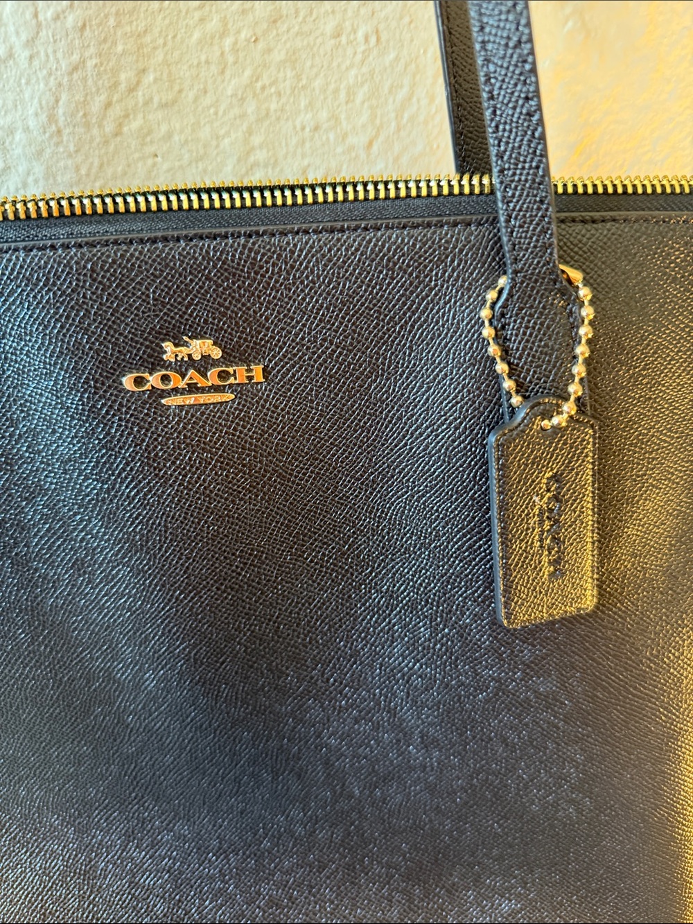 Coach Black Leather Zip-Top Tote with Gold Logo - Picture 2 of 4